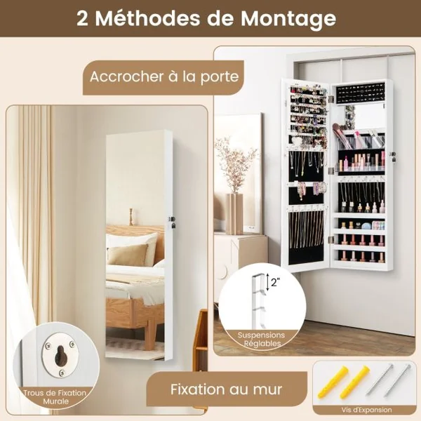 Armoire à Bijoux Murale/de Porte avec Miroir Pleine Longueur et Miroir de Maquillage Cintres Réglables Verrou Doublure Douce Marron Rustique
