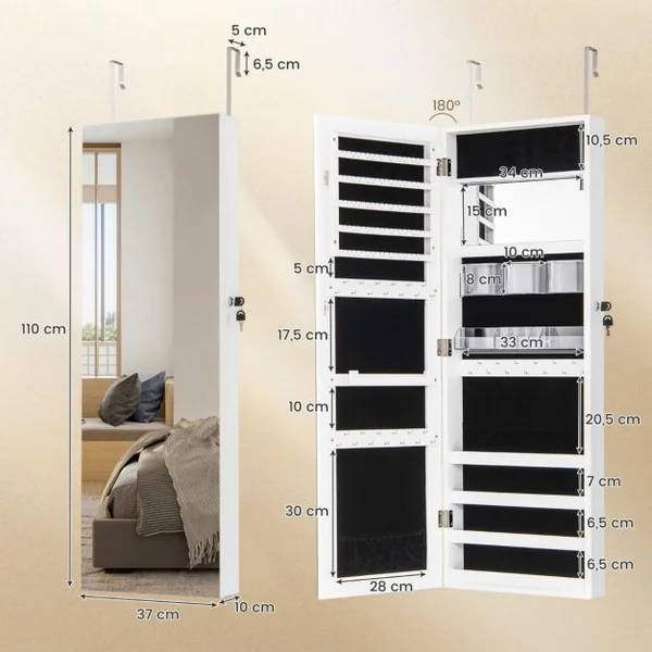 Armoire à Bijoux Murale/de Porte avec Miroir Pleine Longueur et Miroir de Maquillage Cintres Réglables Verrou Doublure Douce Marron Rustique