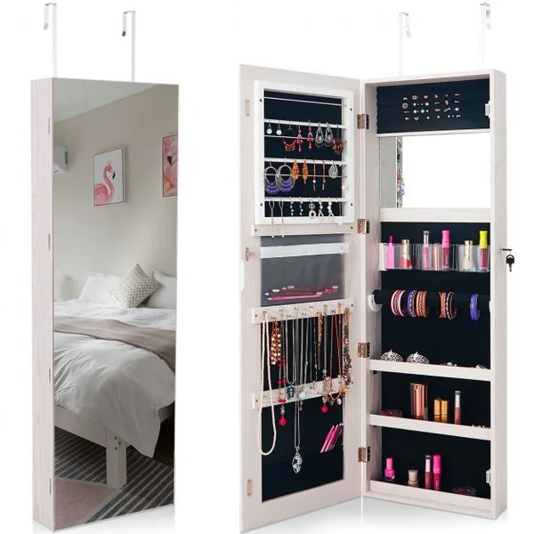 Armoire à bijoux murale/porte avec miroir Armoire de rangement de bijoux verrouillable en MDF 40x12x120cm Blanc