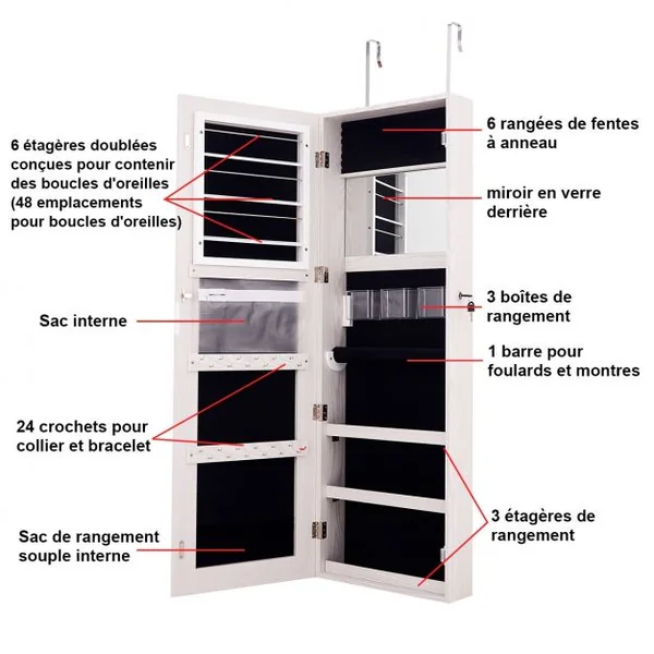 Armoire à bijoux murale/porte avec miroir Armoire de rangement de bijoux verrouillable en MDF 40x12x120cm Blanc
