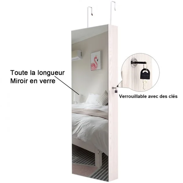 Armoire à bijoux murale/porte avec miroir Armoire de rangement de bijoux verrouillable en MDF 40x12x120cm Blanc