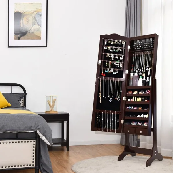 Armoire à Bijoux sur Pied avec 14 lampes LED Verrouillable Réglable à 4 Angles Blanc/Marron