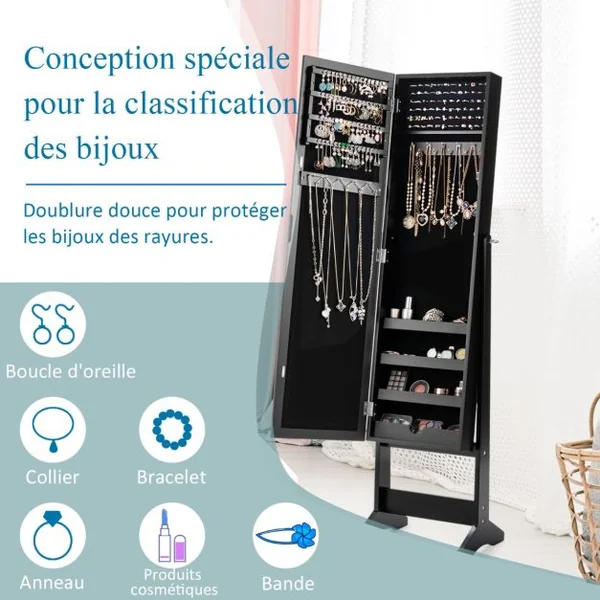 Armoire à bijoux sur Pied avec Miroir Coffre à Bijoux Armoire de Rangement Cosmétiques 3 Positions Réglables 7 Couleurs au Choix