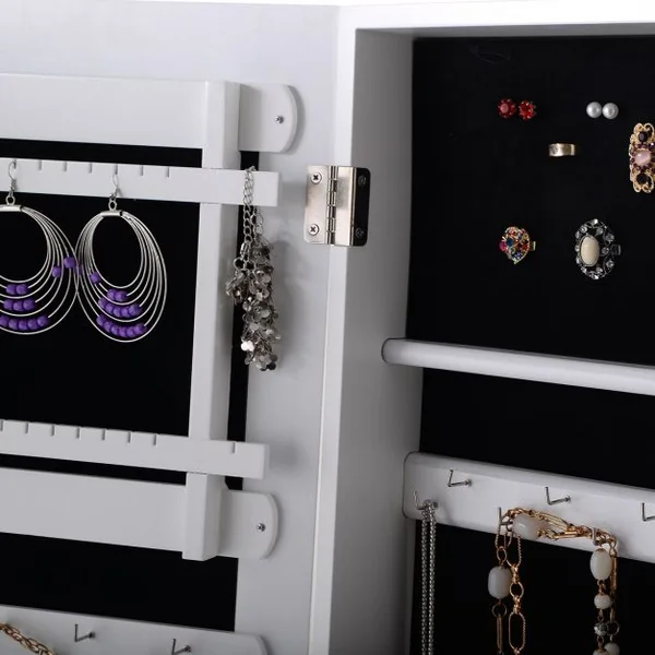 Armoire à bijoux sur pied avec miroir, Coffre à bijoux avec miroir et rangement, Grand modèle, 33 x 37 x 142 cm, Blanc