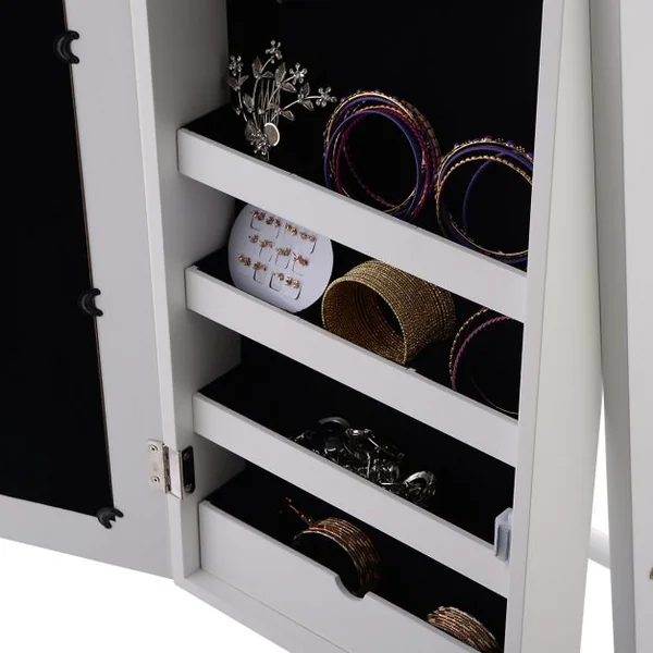 Armoire à bijoux sur pied avec miroir, Coffre à bijoux avec miroir et rangement, Grand modèle, 33 x 37 x 142 cm, Blanc