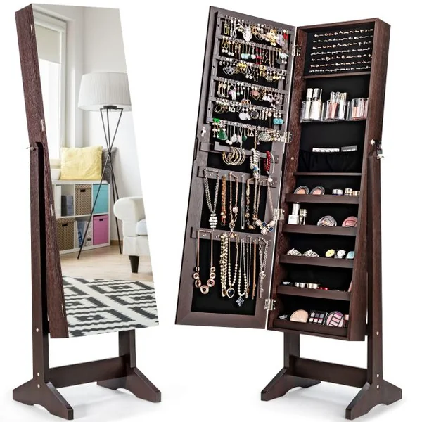 Armoire à Bijoux sur Pied avec Miroir Inclinable Serrure Doublure et Divers Espaces de Rangement 41x36,5x146cm Blanc/Marron