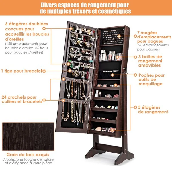 Armoire à Bijoux sur Pied avec Miroir Inclinable Serrure Doublure et Divers Espaces de Rangement 41x36,5x146cm Blanc/Marron