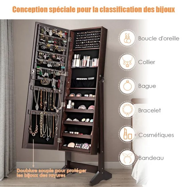 Armoire à Bijoux sur Pied avec Miroir Inclinable Serrure Doublure et Divers Espaces de Rangement 41x36,5x146cm Blanc/Marron