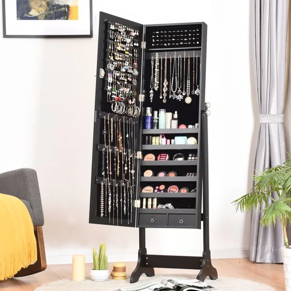 Armoire à Bijoux sur Pied avec Miroir Pivotante à 4 Niveaux Armoire de Rangement Bijoux avec 8 Étagères Doublées Blanc/Noir