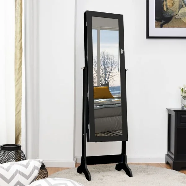 Armoire à Bijoux sur Pied avec Miroir Pivotante à 4 Niveaux Armoire de Rangement Bijoux avec 8 Étagères Doublées Blanc/Noir