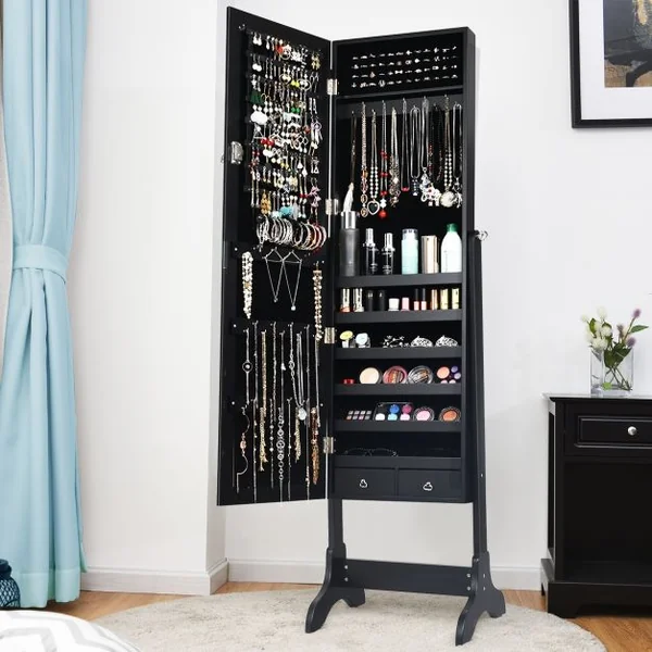 Armoire à Bijoux sur Pied avec Miroir Pivotante à 4 Niveaux Armoire de Rangement Bijoux avec 8 Étagères Doublées Blanc/Noir
