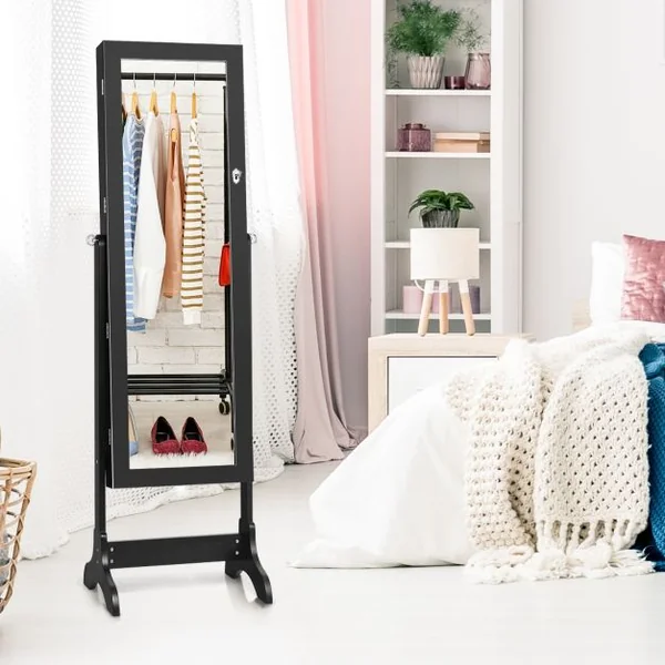 Armoire à Bijoux sur Pied avec Miroir Pivotante à 4 Niveaux Armoire de Rangement Bijoux avec 8 Étagères Doublées Blanc/Noir