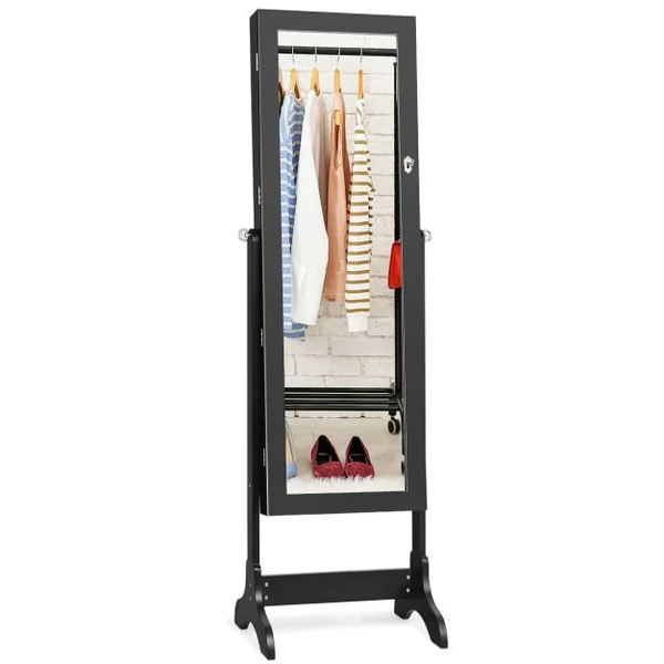 Armoire à Bijoux sur Pied avec Miroir Pivotante à 4 Niveaux Armoire de Rangement Bijoux avec 8 Étagères Doublées Blanc/Noir