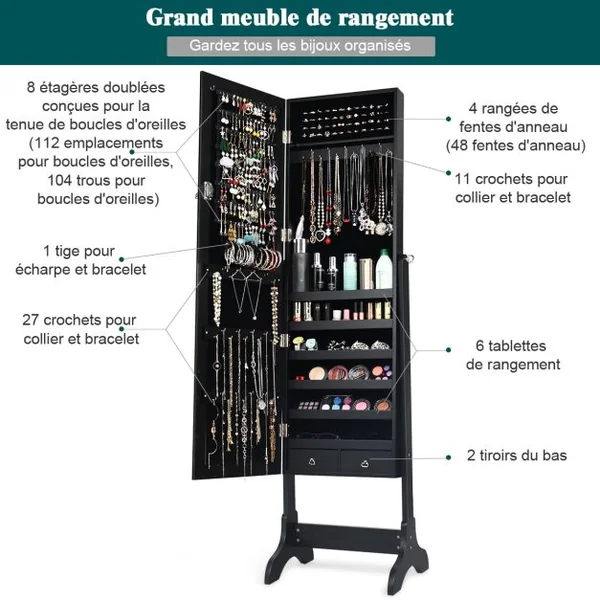 Armoire à Bijoux sur Pied avec Miroir Pivotante à 4 Niveaux Armoire de Rangement Bijoux avec 8 Étagères Doublées Blanc/Noir