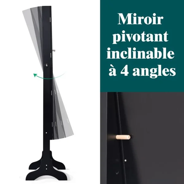 Armoire à Bijoux sur Pied avec Miroir Pivotante à 4 Niveaux Armoire de Rangement Bijoux avec 8 Étagères Doublées Blanc/Noir