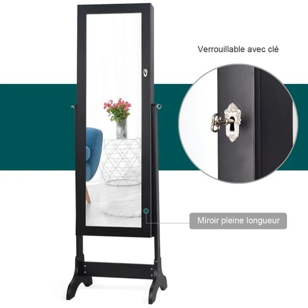 Armoire à Bijoux sur Pied avec Miroir Pivotante à 4 Niveaux Armoire de Rangement Bijoux avec 8 Étagères Doublées Blanc/Noir