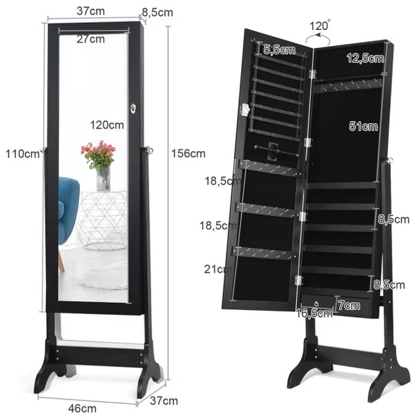 Armoire à Bijoux sur Pied avec Miroir Pivotante à 4 Niveaux Armoire de Rangement Bijoux avec 8 Étagères Doublées Blanc/Noir