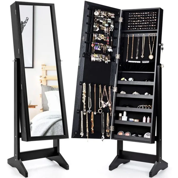 Armoire à Bijoux sur Pied avec Miroir Psyché Inclinable à 4 Angles Rangement et Présentoir pour Bijoux Blanc/Marron/Noir