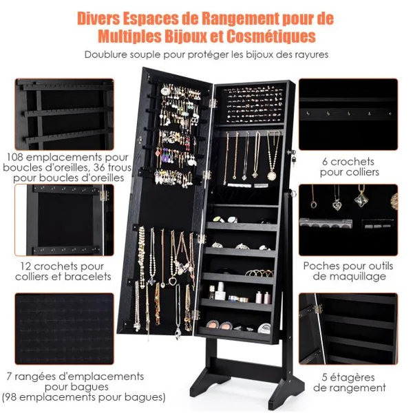 Armoire à Bijoux sur Pied avec Miroir Psyché Inclinable à 4 Angles Rangement et Présentoir pour Bijoux Blanc/Marron/Noir