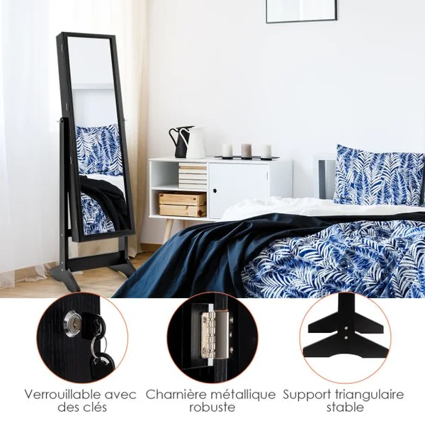 Armoire à Bijoux sur Pied avec Miroir Psyché Inclinable à 4 Angles Rangement et Présentoir pour Bijoux Blanc/Marron/Noir