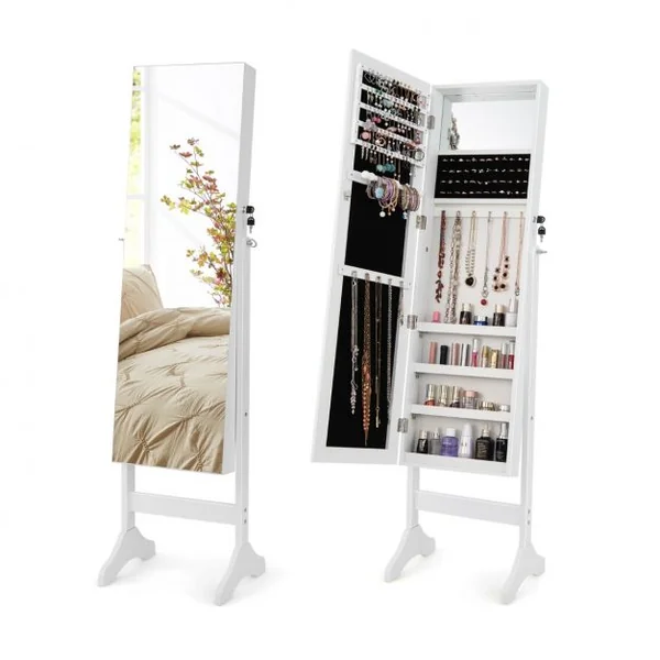 Armoire à Bijoux sur Pieds 3 en 1 - Miroir HD - 4 Angles d'Inclinaison Rangement Cosmétiques et Bijoux Style Industriel Blanc