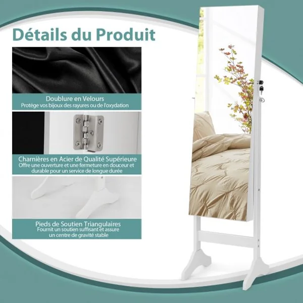 Armoire à Bijoux sur Pieds 3 en 1 - Miroir HD - 4 Angles d'Inclinaison Rangement Cosmétiques et Bijoux Style Industriel Blanc