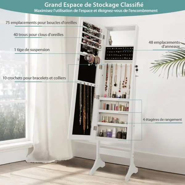 Armoire à Bijoux sur Pieds 3 en 1 - Miroir HD - 4 Angles d'Inclinaison Rangement Cosmétiques et Bijoux Style Industriel Blanc
