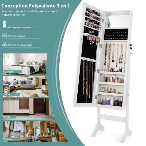 Armoire à Bijoux sur Pieds 3 en 1 - Miroir HD - 4 Angles d'Inclinaison Rangement Cosmétiques et Bijoux Style Industriel Blanc
