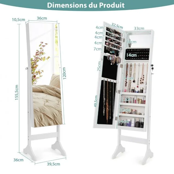 Armoire à Bijoux sur Pieds 3 en 1 - Miroir HD - 4 Angles d'Inclinaison Rangement Cosmétiques et Bijoux Style Industriel Blanc