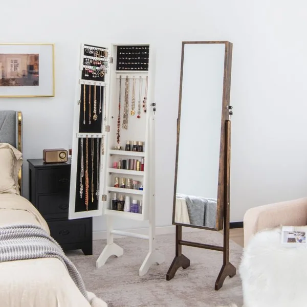 Armoire à Bijoux sur Pieds 3 en 1 - Miroir HD avec Clés Rangement pour Cosmétiques et Bijoux Style Industriel Blanc