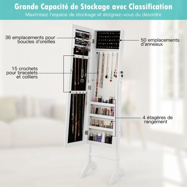 Armoire à Bijoux sur Pieds 3 en 1 - Miroir HD avec Clés Rangement pour Cosmétiques et Bijoux Style Industriel Blanc