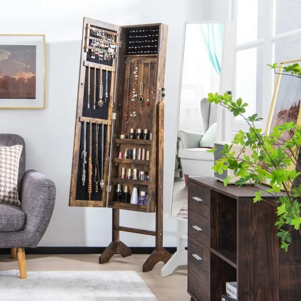 Armoire à Bijoux sur Pieds 3 en 1 - Miroir HD avec Clés Rangement pour Cosmétiques et Bijoux Style Industriel Marron