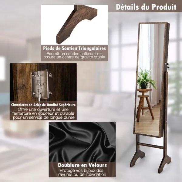 Armoire à Bijoux sur Pieds 3 en 1 - Miroir HD avec Clés Rangement pour Cosmétiques et Bijoux Style Industriel Marron