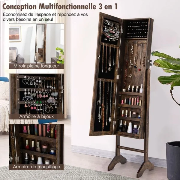 Armoire à Bijoux sur Pieds 3 en 1 - Miroir HD avec Clés Rangement pour Cosmétiques et Bijoux Style Industriel Marron