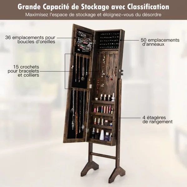 Armoire à Bijoux sur Pieds 3 en 1 - Miroir HD avec Clés Rangement pour Cosmétiques et Bijoux Style Industriel Marron