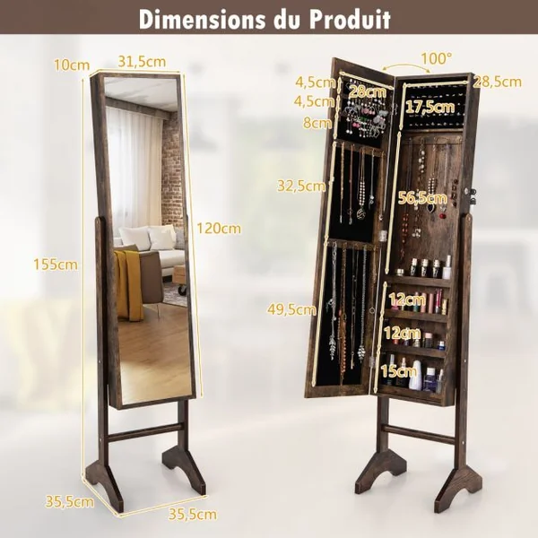 Armoire à Bijoux sur Pieds 3 en 1 - Miroir HD avec Clés Rangement pour Cosmétiques et Bijoux Style Industriel Marron