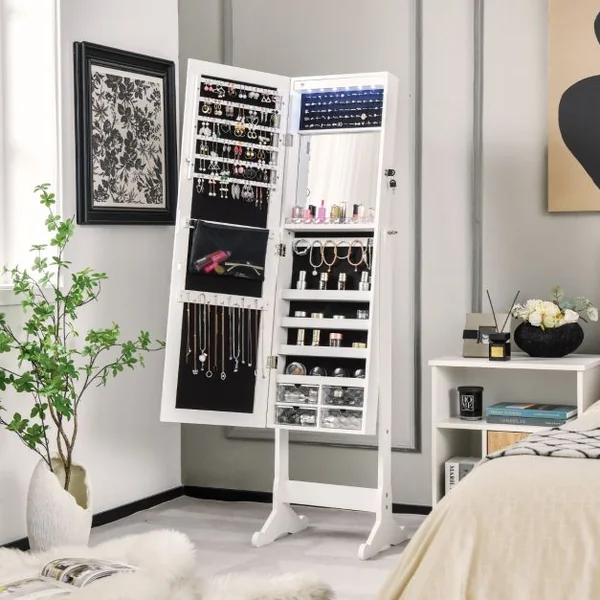Armoire à Bijoux sur Pieds Miroir Pleine Longueur Armoire à Bijoux Verrouillable avec Grand Espace de Rangement 41 x 36 x 158 cm Blanc