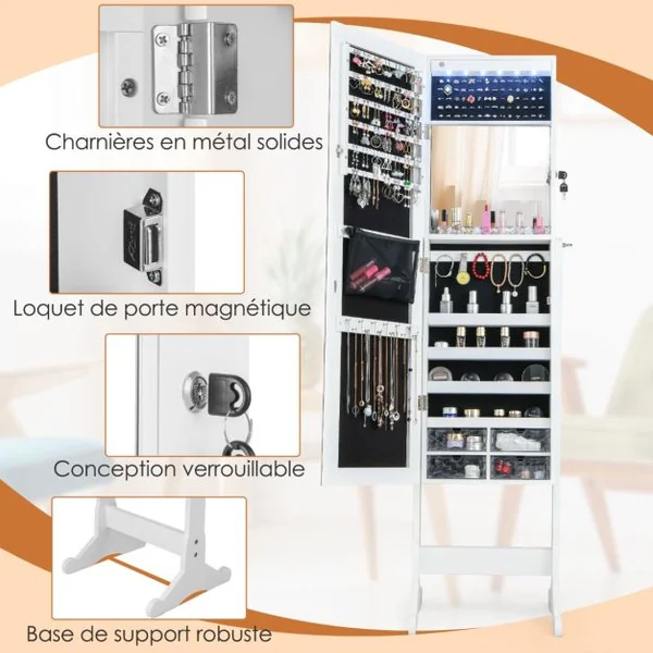 Armoire à Bijoux sur Pieds Miroir Pleine Longueur Armoire à Bijoux Verrouillable avec Grand Espace de Rangement 41 x 36 x 158 cm Blanc