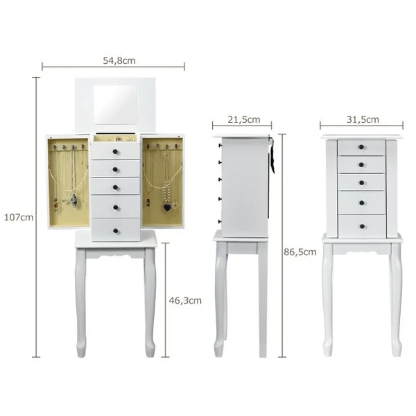Armoire à Bijoux Vintage Sur Pied avec Miroir et 5 Tiroirs Doublure en Velours en Mdf 31,5x21,5x86,5cm Blanc
