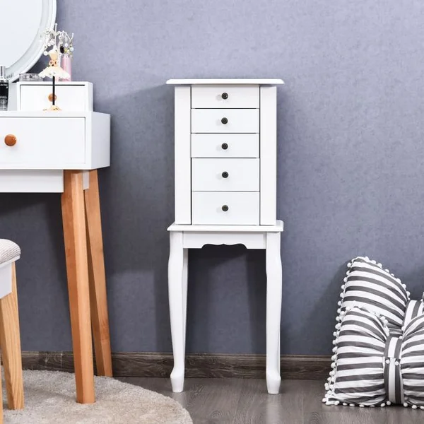 Armoire à Bijoux Vintage Sur Pied avec Miroir et 5 Tiroirs Doublure en Velours en Mdf 31,5x21,5x86,5cm Blanc