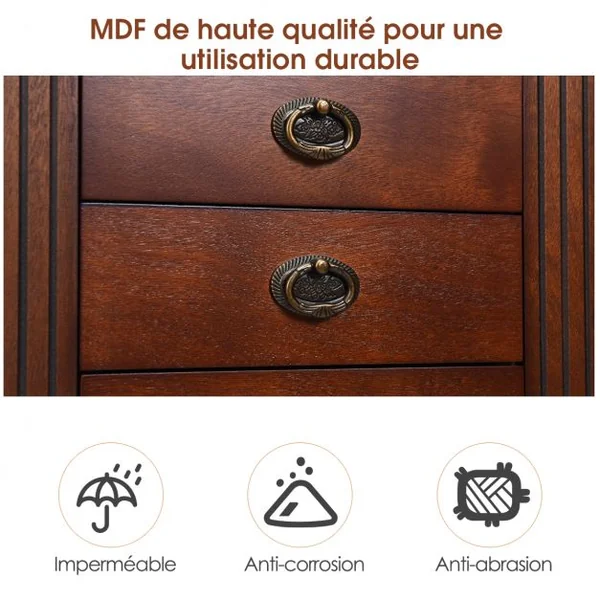 Armoire à Bijoux Vintage Sur Pied Coffret à Bijoux avec Miroir 7 Tiroirs 12 Crochets en Mdf 38x98x23cm Marron