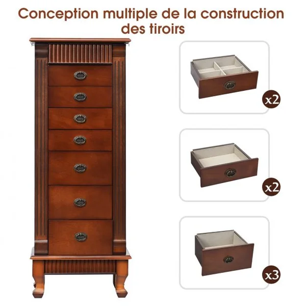 Armoire à Bijoux Vintage Sur Pied Coffret à Bijoux avec Miroir 7 Tiroirs 12 Crochets en Mdf 38x98x23cm Marron