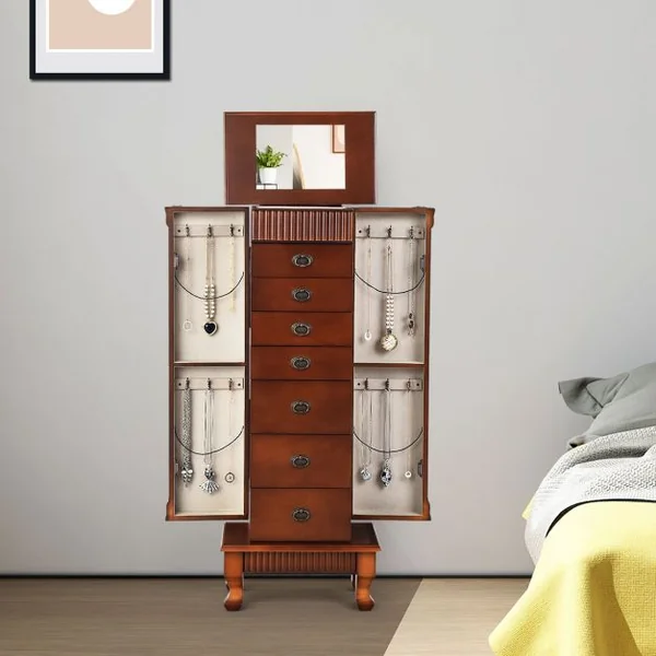 Armoire à Bijoux Vintage Sur Pied Coffret à Bijoux avec Miroir 7 Tiroirs 12 Crochets en Mdf 38x98x23cm Marron
