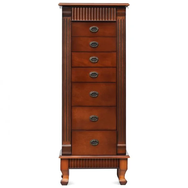 Armoire à Bijoux Vintage Sur Pied Coffret à Bijoux avec Miroir 7 Tiroirs 12 Crochets en Mdf 38x98x23cm Marron