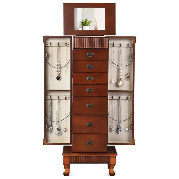 Armoire à Bijoux Vintage Sur Pied Coffret à Bijoux avec Miroir 7 Tiroirs 12 Crochets en Mdf 38x98x23cm Marron
