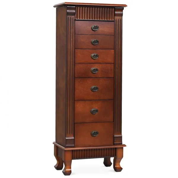 Armoire à Bijoux Vintage Sur Pied Coffret à Bijoux avec Miroir 7 Tiroirs 12 Crochets en Mdf 38x98x23cm Marron