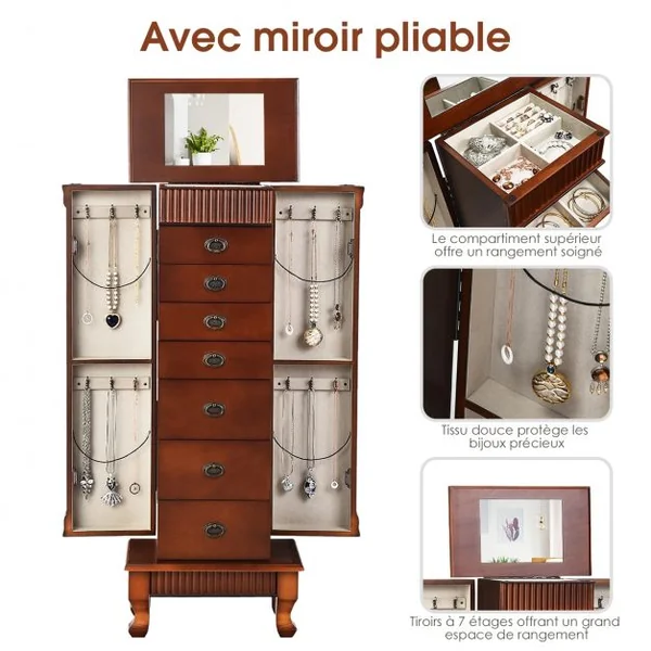 Armoire à Bijoux Vintage Sur Pied Coffret à Bijoux avec Miroir 7 Tiroirs 12 Crochets en Mdf 38x98x23cm Marron