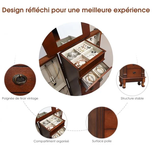 Armoire à Bijoux Vintage Sur Pied Coffret à Bijoux avec Miroir 7 Tiroirs 12 Crochets en Mdf 38x98x23cm Marron