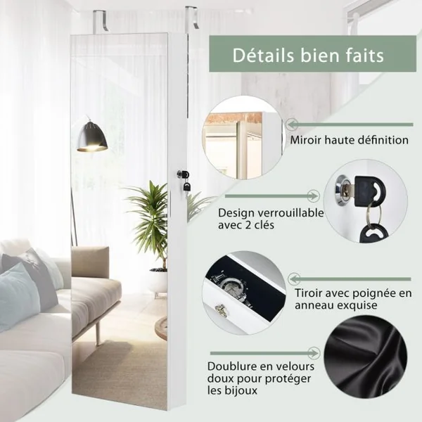 Armoire à Bijoux à Fixation Murale/Porte 6 LED et 2 Tiroirs avec Miroir Grand Format Blanche pour Chambre Noir/Blanc