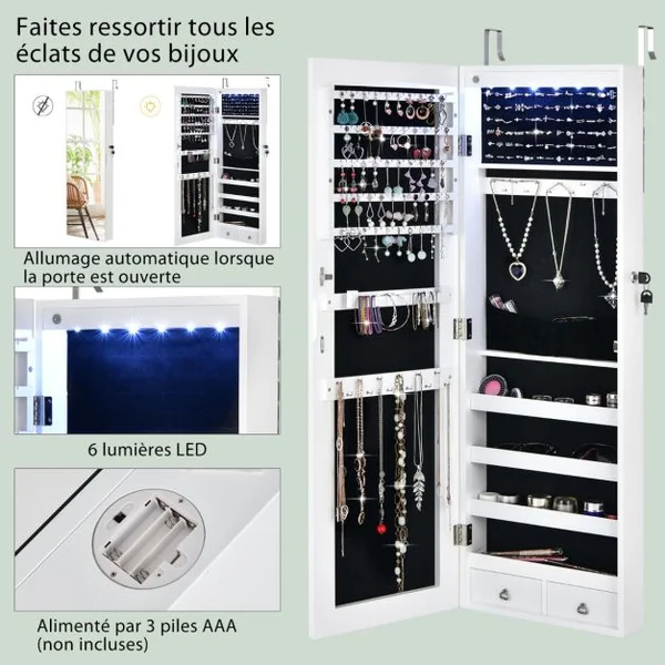 Armoire à Bijoux à Fixation Murale/Porte 6 LED et 2 Tiroirs avec Miroir Grand Format Blanche pour Chambre Noir/Blanc